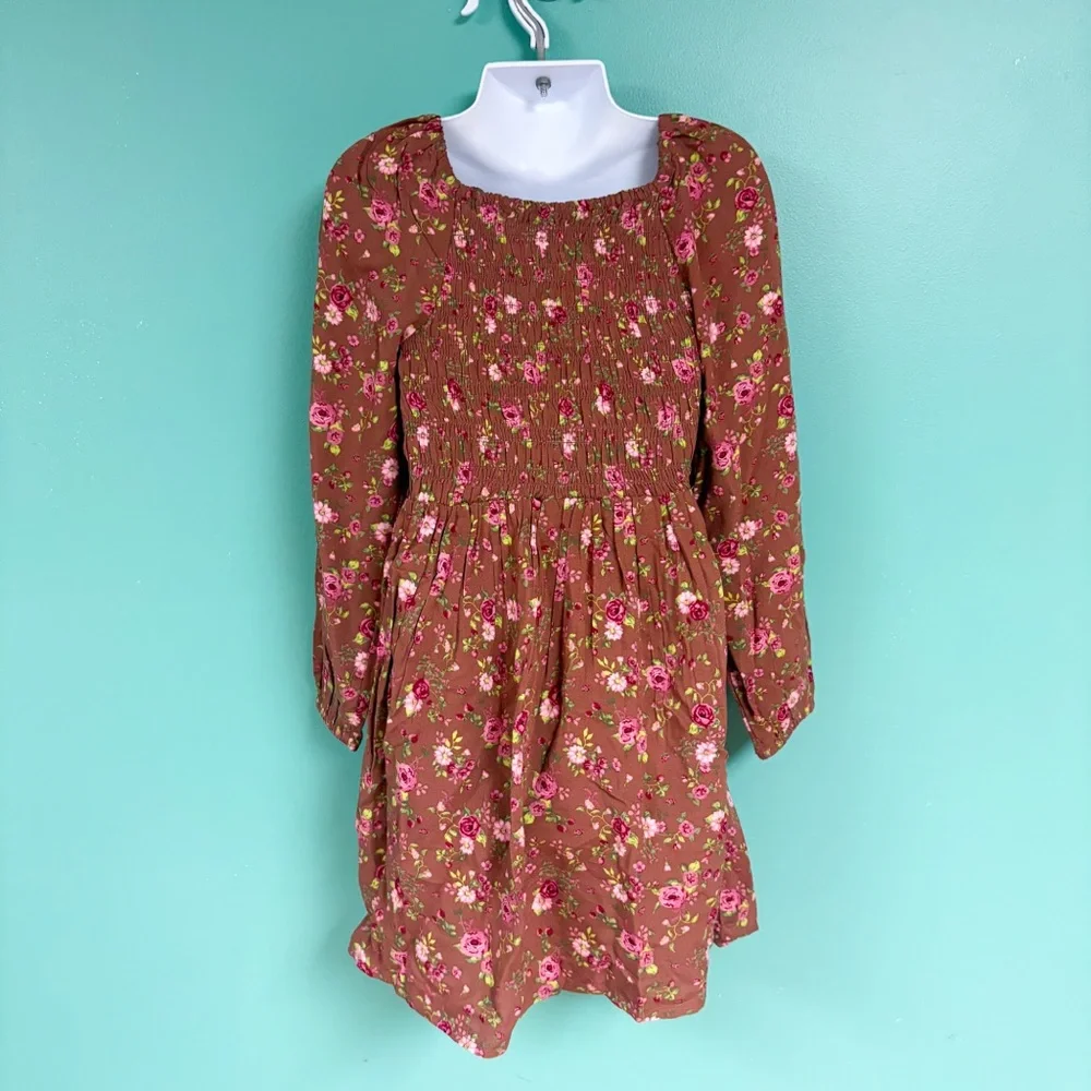 NWT Children’s Place Rust & Pink Floral Boho Long Sleeve Smocked Dress S 5/6 NEW